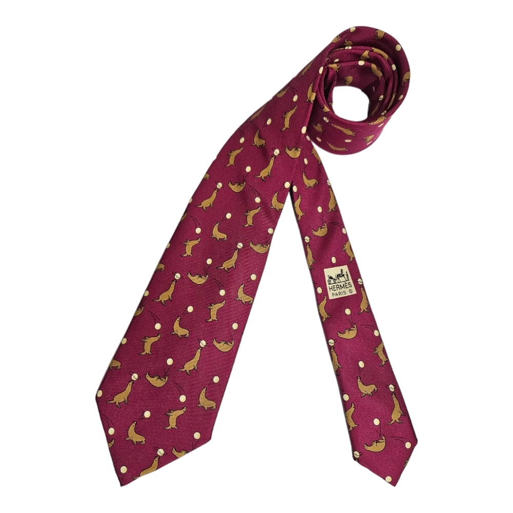 HERMÈS 7293 EA Burgundy Sea Lion Ball Silk LUXURY Tie FRANCE
